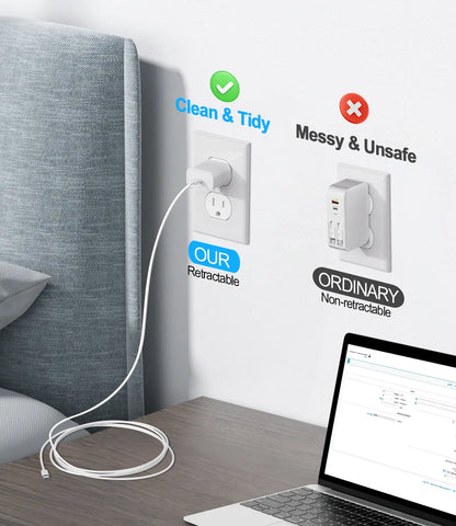 40W Wall Charger, 3-In-1/4-In-1 Retractable Charger with Dual Cables & USB Ports, PD USB-C & QC USB-A Foldable Adapter for Iphone 16/15, Samsung Galaxy, Pixel