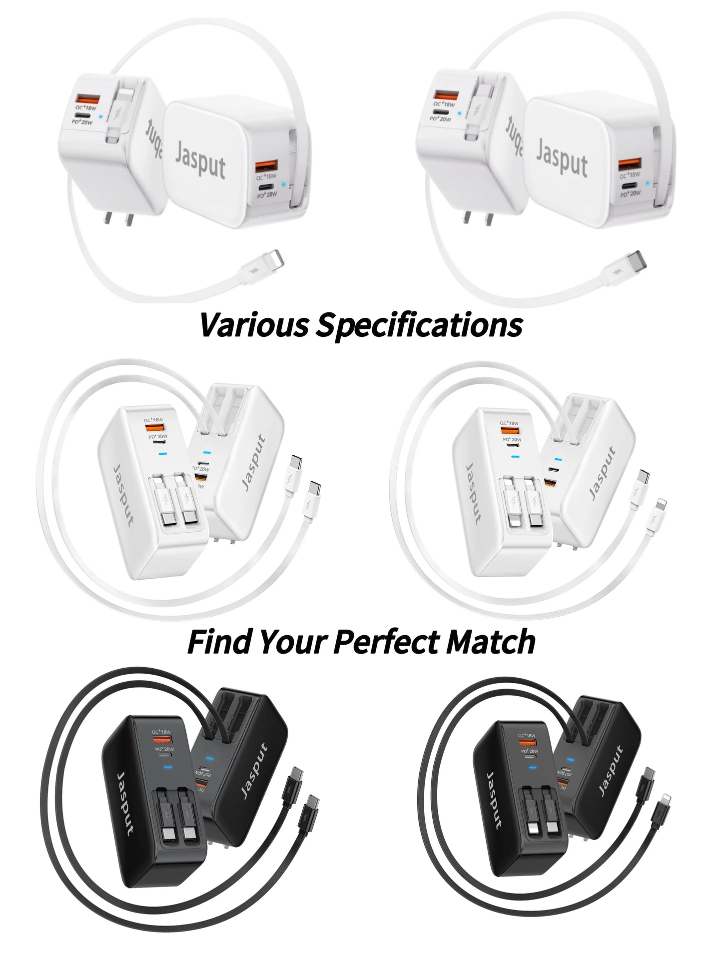 40W Wall Charger, 3-In-1/4-In-1 Retractable Charger with Dual Cables & USB Ports, PD USB-C & QC USB-A Foldable Adapter for Iphone 16/15, Samsung Galaxy, Pixel